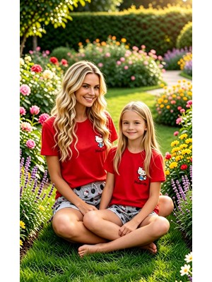 NiCe İç Giyim Hello Kitty Lisanslı Anne & Kız Kombin Pijama Takım Kırımızı & Gri Renk Şortlu Bisiklet Yaka %100 Pamuk Penye ( Ayrı Satılır)