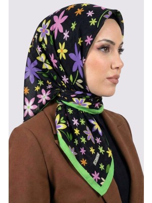 Hadiora Lady Coco Kadın Siyah Çok Renkli Papatya Desenli Organik Pamuk Soft Eşarp