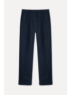 Mudo Erkek Lacivert Straight Fit Keten Pantolon