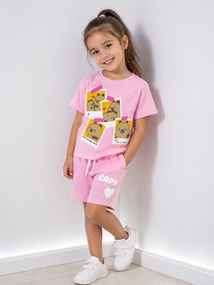 Bubiee Baby Kız Çocuk Pembe Pamuklu Capybara Baskılı T-Shirt ve Şort Alt Üst Takım