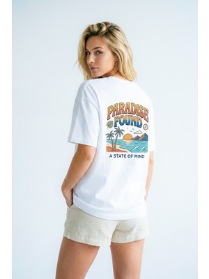 Hoxie Unisex Beyaz Oversize "paradise Found" Sırt Baskılı Retro Tişört