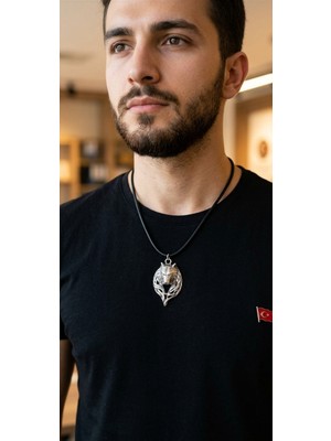 Vintage Takı Antik Gümüş Kaplama Mitolojik Kurt Başı Figürlü Siyah Derili Unisex Kolye