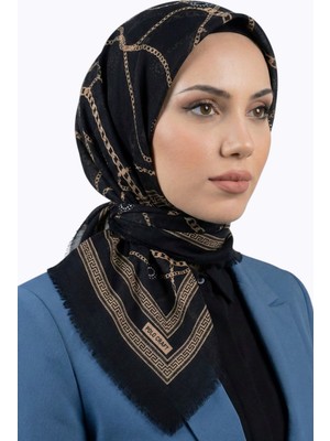 Hadiora Kadın Siyah Taba Geometrik Desenli Pamuklu Flamlı Eşarp