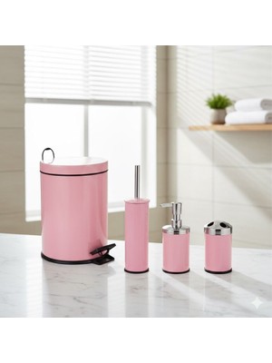 4 Lü Banyo Seti Pembe | Pembe Banyo Aksesuar Seti