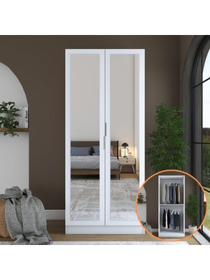 Rani BA230 Ayna Kapaklı Gardırop Raflı 2 Askılı 2 Kapaklı Elbise Dolabı Beyaz