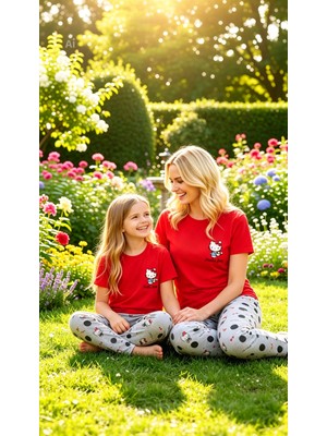 NiCe İç Giyim Hello Kitty Lisanslı Anne & Kız Kombin Pijama Takım Kırmızı & Gri Bisiklet Yaka %100 Pamuk Penye ( Ayrı Satılır ) Anneler Günü