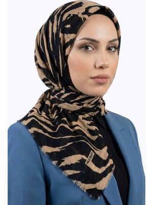 Hadiora Kadın Siyah Taba Zebra Desenli Pamuklu Flamlı Eşarp
