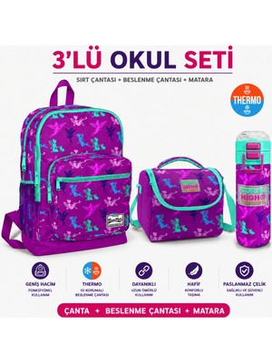 Coral High Peri Desenli Ilkokul Sırt Çantası Mor 23109+THERMO Beslenme Çantas 11803+ Termos 31900