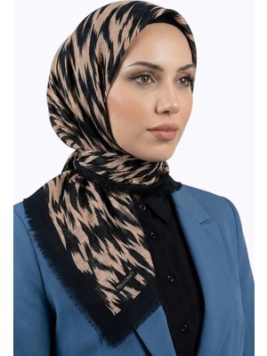 Hadiora Kadın Siyah Taba Soyut Desenli Pamuklu Flamlı Eşarp