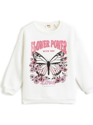Koton Kelebek Baskılı Simli Sweatshirt Uzun Kollu Bisiklet Yaka Şardonlu