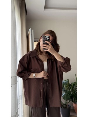 Prifaldi Zr Trend Oversize Düğmeli Acı Kahve Gömlek