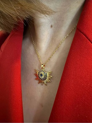 Vulcao Gold Renk Zirkon Taş ve Nazar Detaylı Kolye