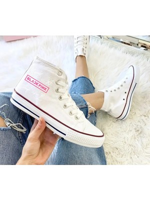 Ymn Ayakkabı Imzalı Black Pink Baskılı Beyaz Bilekli Spor Ayakkabı Çocuk Sneaker