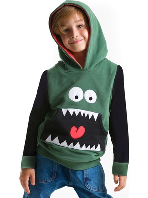 Denokids Erkek Çocuk Kapişonlu Sweatshirt Yeşil - Siyah Grafik Desenli Uzun Kol