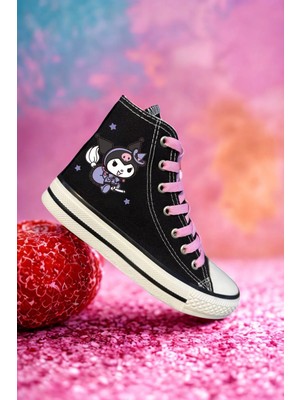 Ymn Ayakkabı Kuromi Baskılı, Pembe Bağcıklı, Siyah Bilekli Spor Ayakkabı Çocuk Sneaker