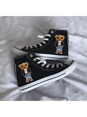 Ymn Ayakkabı Teddy Bear Ayıcık Baskılı Siyah Bilekli Spor Ayakkabı Çocuk Sneaker