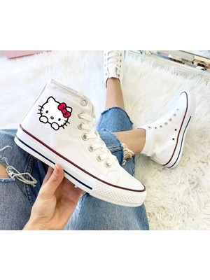Ymn Ayakkabı Hello Kitty Baskılı, Beyaz Bilekli Spor Ayakkabı Çocuk Sneaker