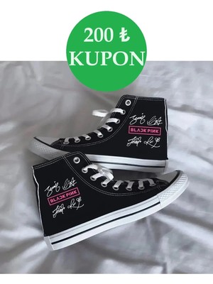 Ymn Ayakkabı Günlük Keten Bilekli Black Pink Baskılı Siyah Uzun  Sneaker Canvas Spor Ayakkabı Blackpink