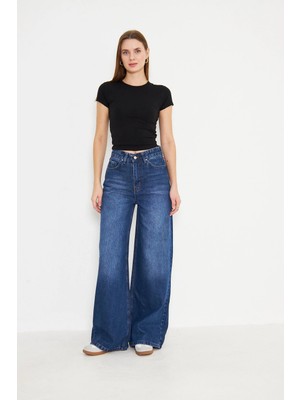 Akabi Online Orta Bel Baggy Model Geniş Paça Kadın Kot Pantolon Lacivert