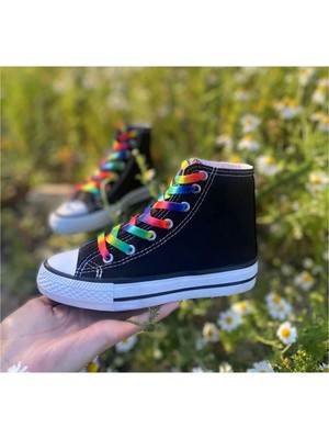 Ymn Ayakkabı Gökkuşağı Bağcıklı, Siyah Bilekli Spor Ayakkabı Çocuk Sneaker
