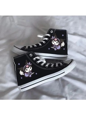 Ymn Ayakkabı Ymn Kuromi Baskılı Siyah Bilekli Spor Ayakkabı Kız Çocuk Sneaker Düz Kauçuk Tabanlı Keten