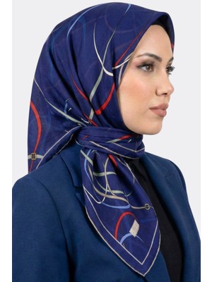 Hadiora Zer Kadın Saks Mavisi Geometrik Çizgili Organik Pamuk Soft Eşarp