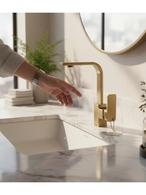 İsaoğlu Yapı Mat Gold Lavabo Bataryası Yüksek Model 360 Derece Dönebilen Fırçalı Altın Lavabo Lavabo Armatürü