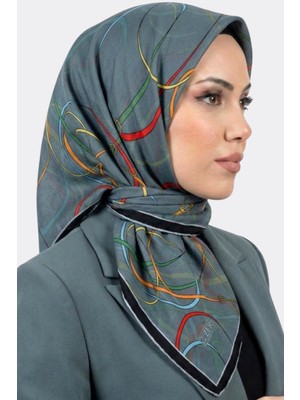 Hadiora Zer Kadın Füme Mavi Geometrik Çizgili Organik Pamuk Soft Eşarp.