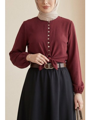 Moda Morfo Eteği Bağlamalı Beli ve Kolu Lastikli Düğmeli Modal Gömlek -Bordo