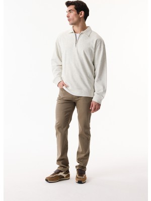 Erkek Ekru Melanj Loose Fit Fermuarlı Dik Yaka Sweatshirt