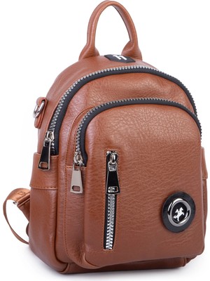 Nas Bag Kadın Dönüştürülebilir Sırt ve Omuz Çantası Şık Geniş Fermuarlı Çanta (24X31X14 Cm) Taba Victoria