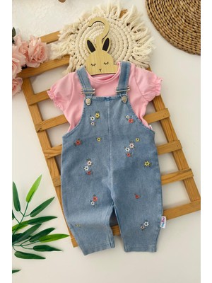 Miniğimin Cicileri Çiçek Işleme Desenli Kız Bebek Yazlık Salopetli Takım - Pembe
