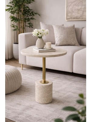 Zekmar Home Stone Modern Traverten Yan Sehpa Mat Gold Metal Ayaklı