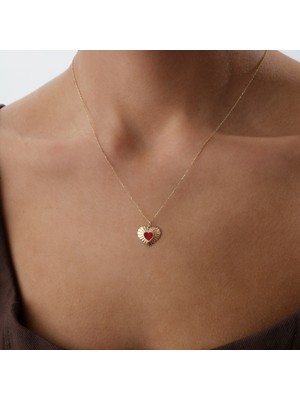 Cherry By Özkonak Amor Kırmızı Mineli Kalp Altın Kolye