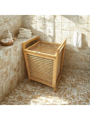 Ahşap Bambu Kirli Çamaşır Sepet Kumaş Çantalı SEPET=40X35X60CM (5486)