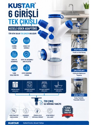 Kustar 6 Girişli Tek Çıkışlı Gider Adaptörü | Koku Önleyici Kapaklı | Çoklu Bağlantı | Mutfak Eviye Sifon Aparatı | Arıtma + Bulaşık + Çamaşır Uyumlu