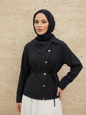 Miostil Çapraz Düğmeli Tunik-Siyah