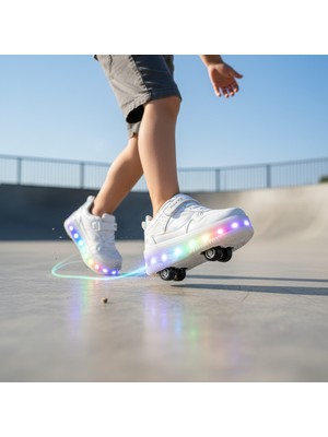 Rocky Glow Beyaz LED Işıklı Patenli Ayakkabı – Çift Tekerlekli, Çocuk Roller Shoes, Işıklı Spor Ayakkabı, Kaykay Ayakkabı