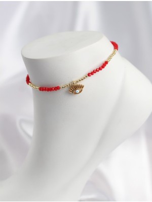 Lumina Kırmızı Renk Boncuklu Nazarlı Göz Figürlü Halhal