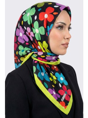 Hadiora Lady Coco Kadın Siyah Çok Renkli Çiçek Desenli Organik Pamuk Soft Eşarp