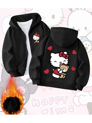 Nigrum Pardus Nıgrum Pardus Happy Tıme Baskılı Kapüşonlu Fermuarlı 2 Iplik Şardonlu Kız Çocuk Sweatshirt