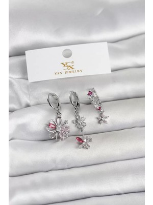 Uravas Store Pirinç Gümüş Renk Çiçek Model 3'lü Kadın Küpe - TJ-BKP11712