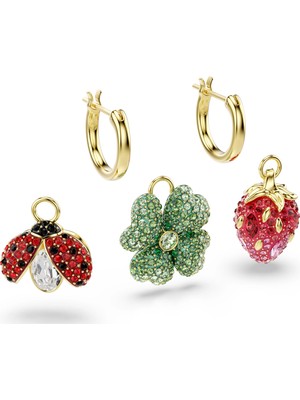 Swarovski Idyllia Damla Küpe Set (3) Uğur Böceği Yonca Çilek Çok Renkli Sari Altin Rengi Kaplama