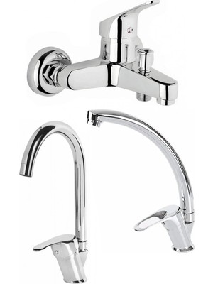Kustar Krom Mix 3'lü Banyo Batarya Seti Duş Mutfak Lavabo Bataryası