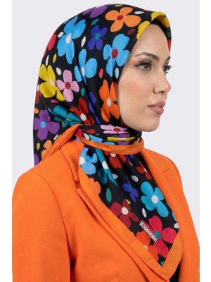 Hadiora Lady Coco Kadın Siyah Çok Renkli Çiçek Desenli Organik Pamuk Soft Eşarp