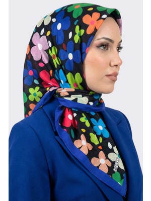 Hadiora Lady Coco Kadın Siyah Mavi Çok Renkli Çiçek Desenli Organik Pamuk Soft Eşarp