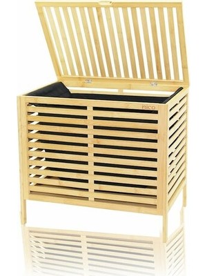 Kalın Ahşap Bambu Kirli Çamaşır Sepeti Siyah Kumaş Çantalı SEPET=50X38X55CM (5486)