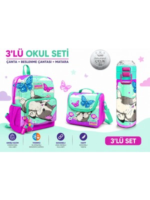 Coral High Kedi Desenli Iki Bölmeli Okul Sırt Çantası 23607+KEDI Desenli Thermo Beslenme Çantası 11707+ Termos 31796