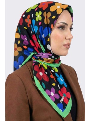 Hadiora Lady Coco Kadın Siyah Çok Renkli Çiçek Desenli Organik Pamuk Soft Eşarp