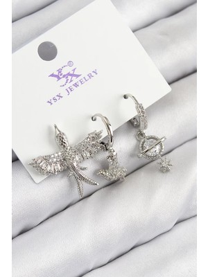 Uravas Store Pirinç Zirkon Taşlı 3'lü Kuş Model Gümüş Renk Kadın Küpe - TJ-BKP11124